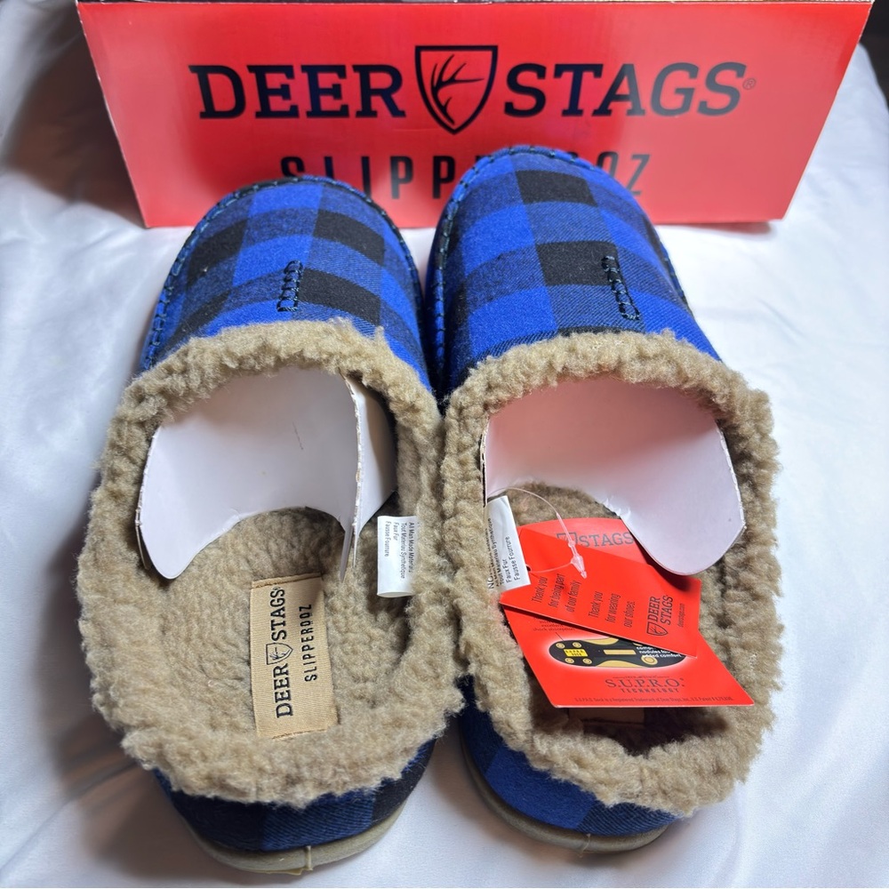 Deer Stags Nordic Slippers Men’s 12 Blue Black Plaid Indoor Outdoor Memory Foam - Picture 4 of 6
